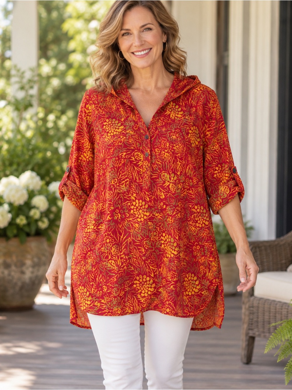 Soft Surroundings 3X Red Floral Batik Hooded Rayon Tunic Roll-Tab Sleeves